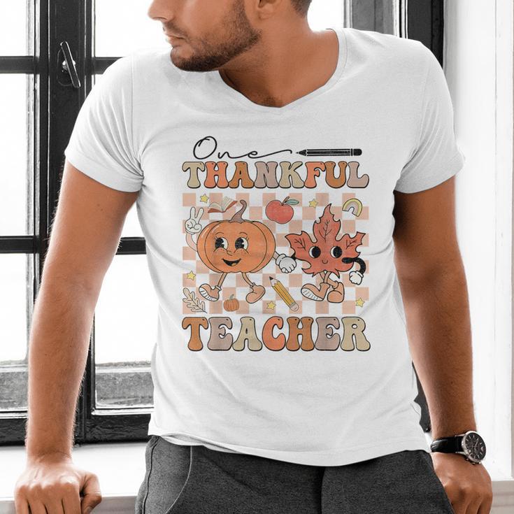 One Thankful Teacher Thanksgiving Groovy Fall Autumn Teacher Men's V-Neck T-Shirt, Groovy Teacher Shirts, gift for family, gift for coworker One Thankful Teacher Thanksgiving Groovy Fall Autumn Teacher Men's V-Neck T-Shirt, Groovy Teacher Shirts, gift for family, gift for coworker