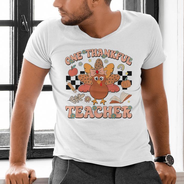 One Thankful Teacher Thanksgiving Retro Groovy Fall Teachers Men's V-Neck T-Shirt, Groovy Teacher Shirts, gift for family, gift for coworker One Thankful Teacher Thanksgiving Retro Groovy Fall Teachers Men's V-Neck T-Shirt, Groovy Teacher Shirts, gift for family, gift for coworker