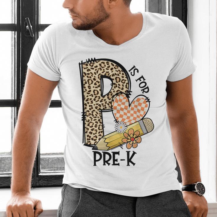 P Is For Pre K Teacher Leopard First Day Of School For Men Women Girls Kids Men's V-Neck T-Shirt, gift for family, gift for coworker