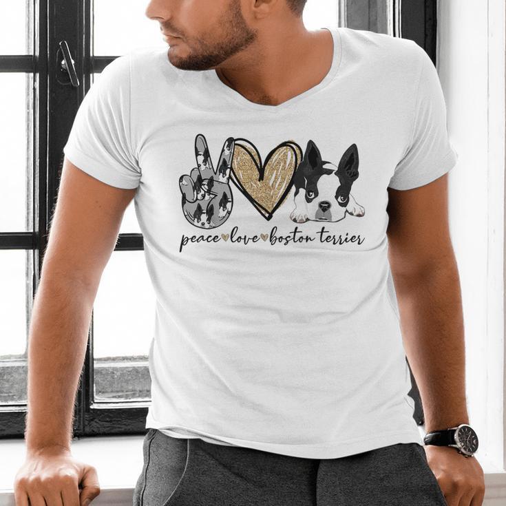 Peace Love Boston Terrier Boston Terrier Lover Dog Mom Men's V-Neck T-Shirt, Boston Terrier Mom Shirts, gift for family, gift for coworker