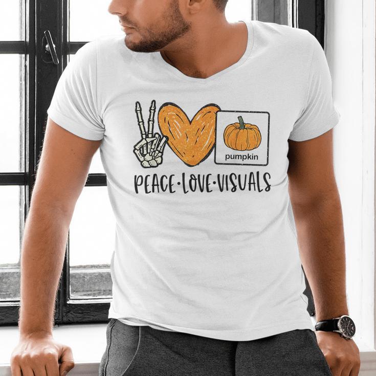 Peace Love Visuals Sped Teacher Pumpkin Skeleton Halloween Men's V-Neck T-Shirt, gift for family, gift for coworker