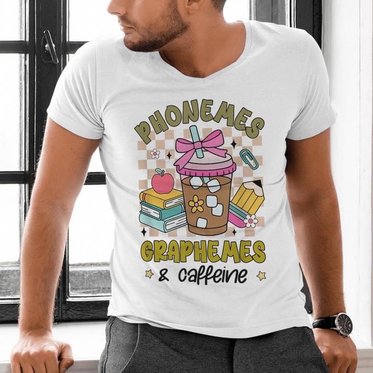 Phonemes Graphemes Caffeine Back To School Reading Teacher Men's V-Neck T-Shirt, gift for family, gift for coworker Phonemes Graphemes Caffeine Back To School Reading Teacher Men's V-Neck T-Shirt, gift for family, gift for coworker
