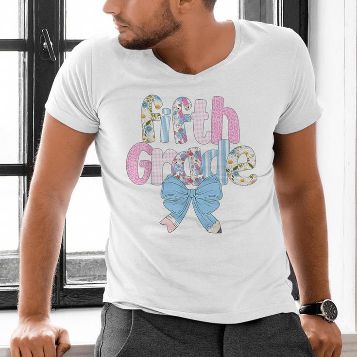 Preppy Fifth Grade Teacher Blue Floral Coquette Pencil Bow Men's V-Neck T-Shirt, gift for family, gift for coworker