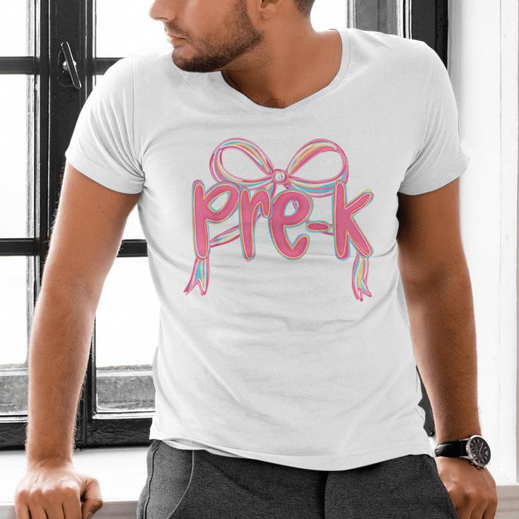 Preppy Pre k Back To School Pre-k Teachers Girls Cute Bow Men's V-Neck T-Shirt, gift for family, gift for coworker Preppy Pre k Back To School Pre-k Teachers Girls Cute Bow Men's V-Neck T-Shirt, gift for family, gift for coworker