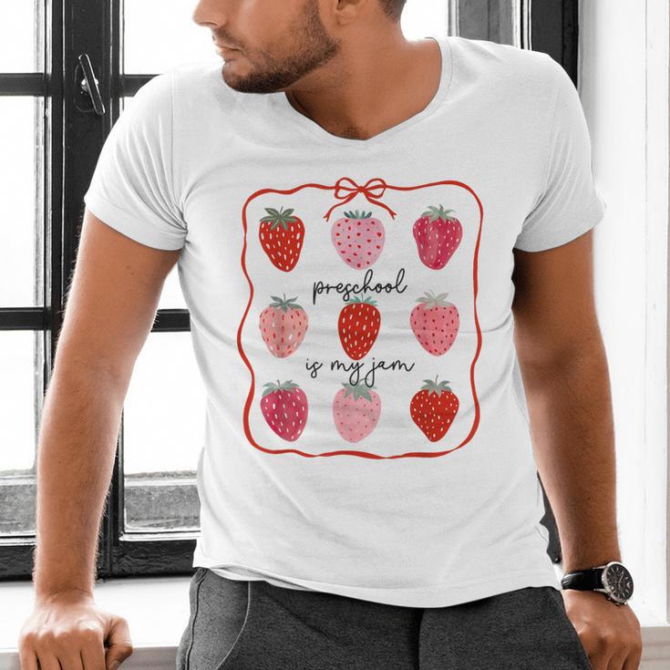 Preschool Is My Jam Strawberry Teacher First Day Of School Men's V-Neck T-Shirt, gift for family, gift for coworker Preschool Is My Jam Strawberry Teacher First Day Of School Men's V-Neck T-Shirt, gift for family, gift for coworker