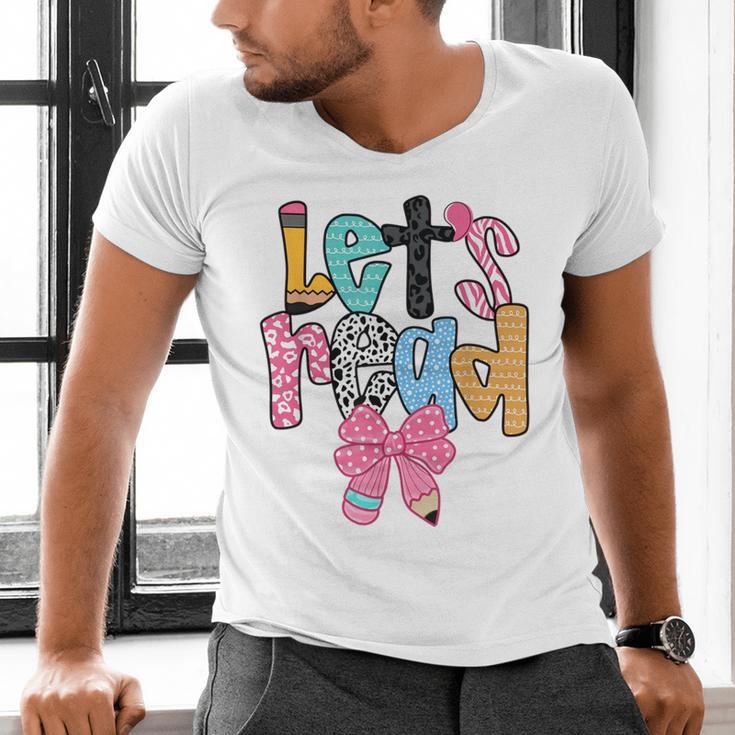 Lets Read Reading Teacher Back To School Literacy Pencil Bow Men's V-Neck T-Shirt, gift for family, gift for coworker Lets Read Reading Teacher Back To School Literacy Pencil Bow Men's V-Neck T-Shirt, gift for family, gift for coworker