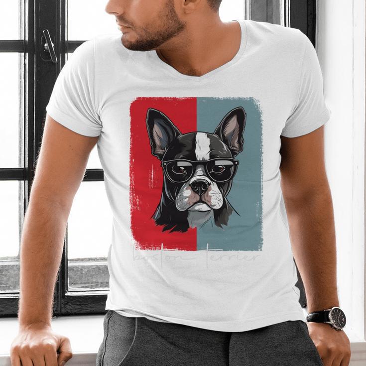 Retro Boston Terrier Dog Lover Bostie Mom Dad Dog Owner Men's V-Neck T-Shirt, Boston Terrier Dad Shirts, Boston Terrier Mom Shirts, gift for family, gift for coworker