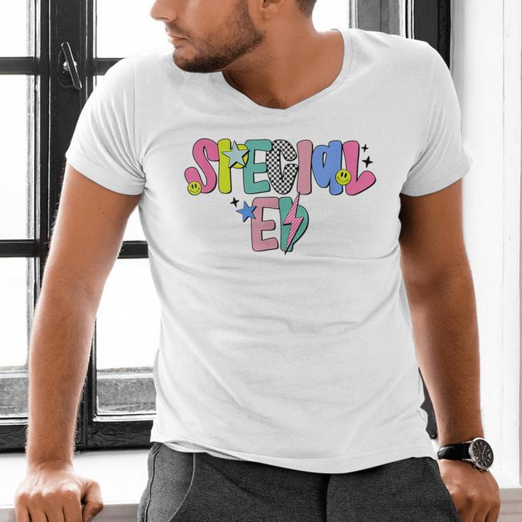 Retro Checkered Special Education Teacher Back To School Men's V-Neck T-Shirt, gift for family, gift for coworker Retro Checkered Special Education Teacher Back To School Men's V-Neck T-Shirt, gift for family, gift for coworker