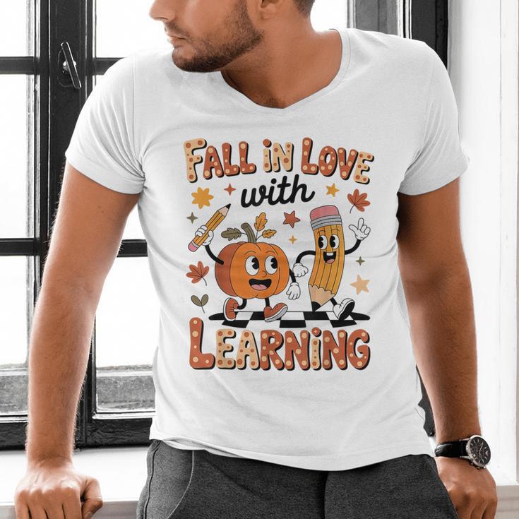 Retro Fall In Love With Learning Autumn Pumpkin Teacher Kids Men's V-Neck T-Shirt, gift for family, gift for coworker Retro Fall In Love With Learning Autumn Pumpkin Teacher Kids Men's V-Neck T-Shirt, gift for family, gift for coworker