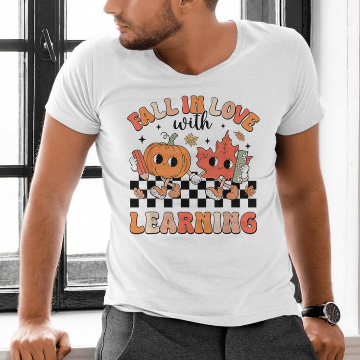 Retro Fall In Love With Learning Autumn Pumpkin Teacher Men's V-Neck T-Shirt, gift for family, gift for coworker Retro Fall In Love With Learning Autumn Pumpkin Teacher Men's V-Neck T-Shirt, gift for family, gift for coworker