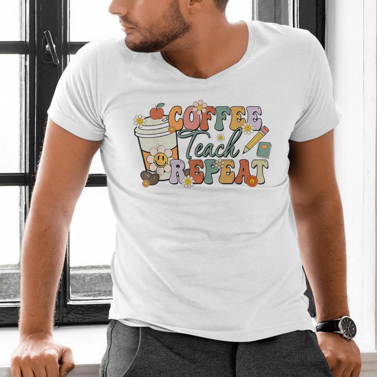 Retro Grovvy Coffee Teach Repeat Teacher Men's V-Neck T-Shirt, gift for family, gift for coworker Retro Grovvy Coffee Teach Repeat Teacher Men's V-Neck T-Shirt, gift for family, gift for coworker