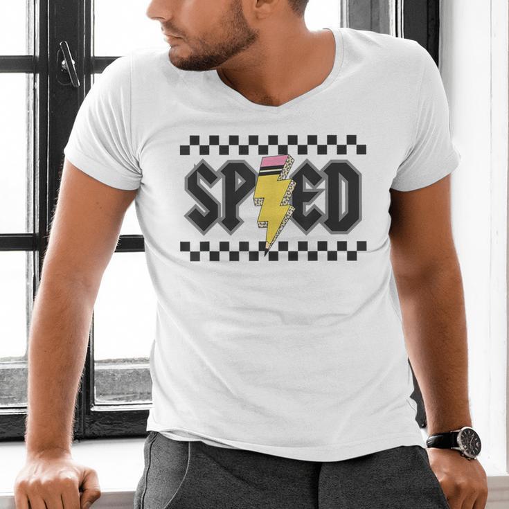 Retro SPED Teacher Pencil Lightning Bolt Back To School Men's V-Neck T-Shirt, gift for family, gift for coworker Retro SPED Teacher Pencil Lightning Bolt Back To School Men's V-Neck T-Shirt, gift for family, gift for coworker