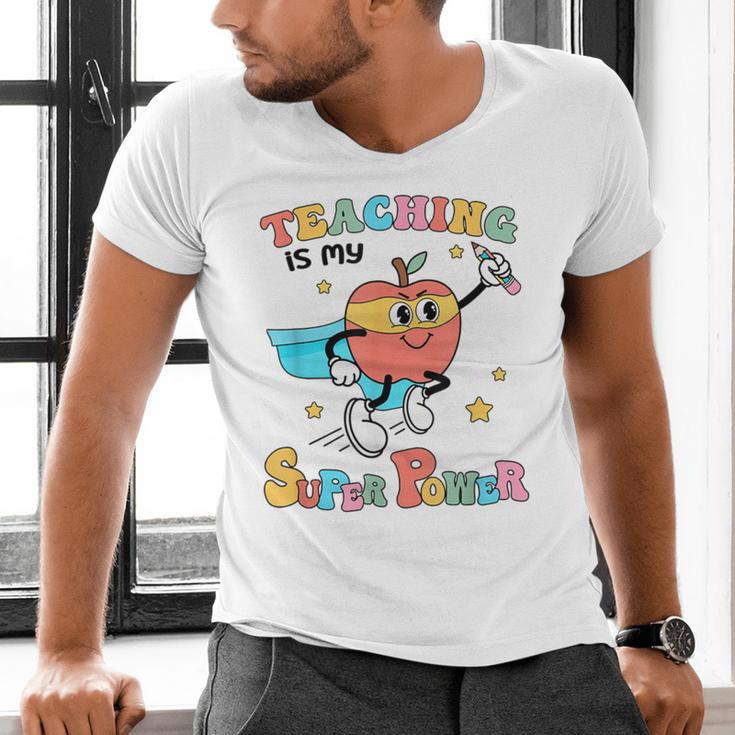 Retro Teaching Is My Superpower Apple Teacher Appreciation Men's V-Neck T-Shirt, gift for family, gift for coworker Retro Teaching Is My Superpower Apple Teacher Appreciation Men's V-Neck T-Shirt, gift for family, gift for coworker