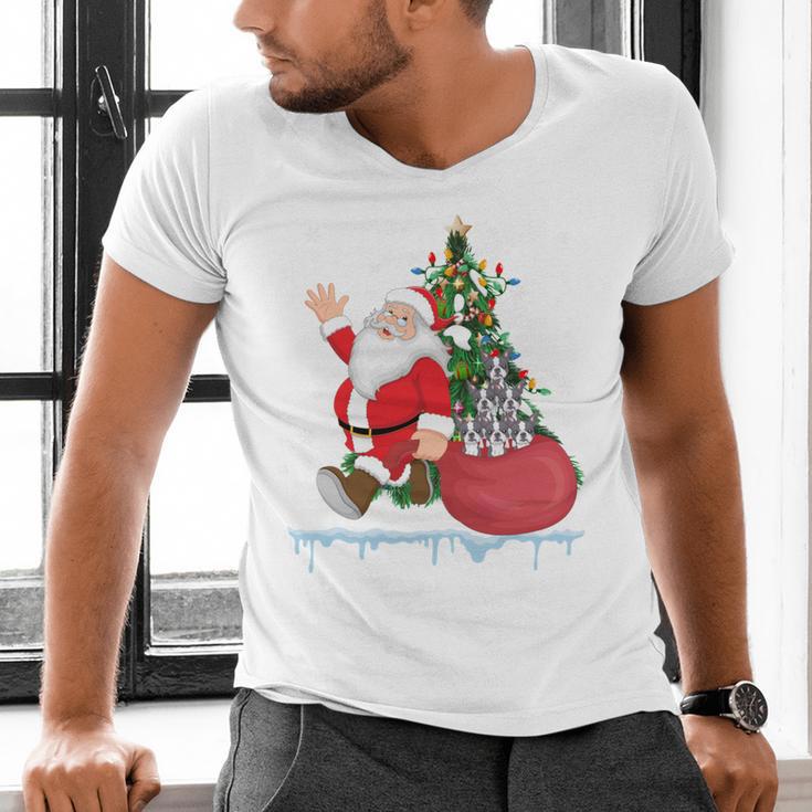 Santa Ugly Christmas Tree Lights Boston Terrier Dog Lover Men's V-Neck T-Shirt, Boston Terrier Christmas Shirts, gift for family, gift for coworker
