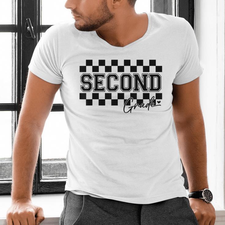 Second Grade Checkered Teacher 1st Day Back To School Women Men's V-Neck T-Shirt, gift for family, gift for coworker