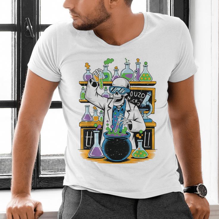 Skeleton Mad Scientist Halloween Costume Science Teacher Men's V-Neck T-Shirt, Science Teacher Shirts, gift for family, gift for coworker