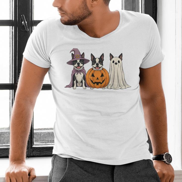 Spooky Ghost Boston Terrier Pumpkin Halloween Dog Lover Men's V-Neck T-Shirt, Boston Terrier Halloween Shirts, Boston Terrier Ghost Shirts, gift for family, gift for coworker
