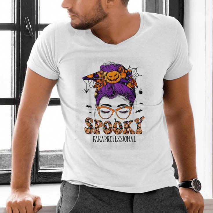Spooky Paraprofessional Life Halloween Messy Bun Teacher For Men Women Men's V-Neck T-Shirt, gift for family, gift for coworker Spooky Paraprofessional Life Halloween Messy Bun Teacher For Men Women Men's V-Neck T-Shirt, gift for family, gift for coworker