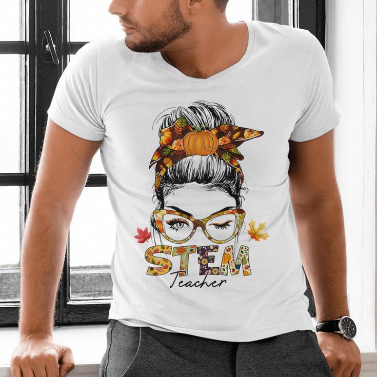 STEM Teacher Messy Bun Fall Vibes Autumn Thanksgiving Men Women Men's V-Neck T-Shirt, gift for family, gift for coworker