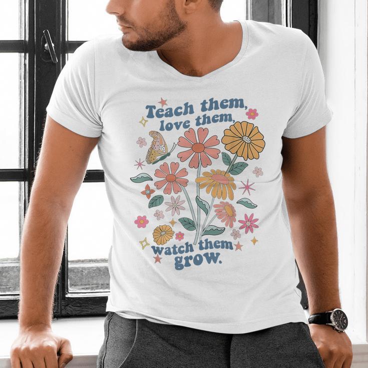 Teach Them Love Them Watch Them Grow Retro Teacher Floral Men's V-Neck T-Shirt, gift for family, gift for coworker