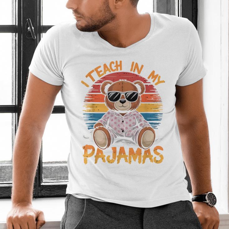 I Teach In My Pajamas Teacher Sunset Bear Retro Men's V-Neck T-Shirt, gift for family, gift for coworker I Teach In My Pajamas Teacher Sunset Bear Retro Men's V-Neck T-Shirt, gift for family, gift for coworker