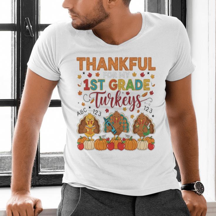 Teach Thanksgiving Teacher Thankful For My 1st Grade Turkeys Men's V-Neck T-Shirt, gift for family, gift for coworker