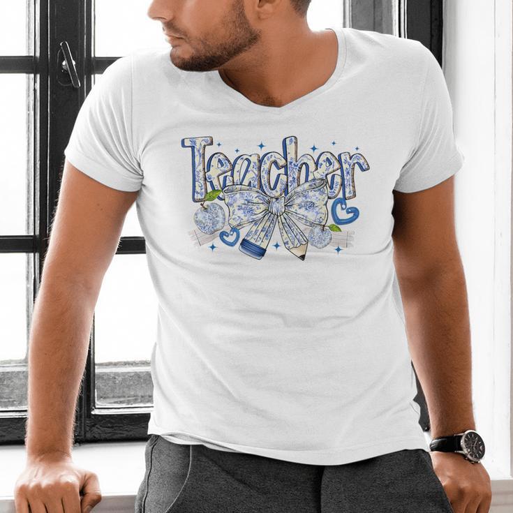 Teacher Blue Chinoiserie Coquette Bow Heart Teacher Life Men's V-Neck T-Shirt, gift for family, gift for coworker Teacher Blue Chinoiserie Coquette Bow Heart Teacher Life Men's V-Neck T-Shirt, gift for family, gift for coworker