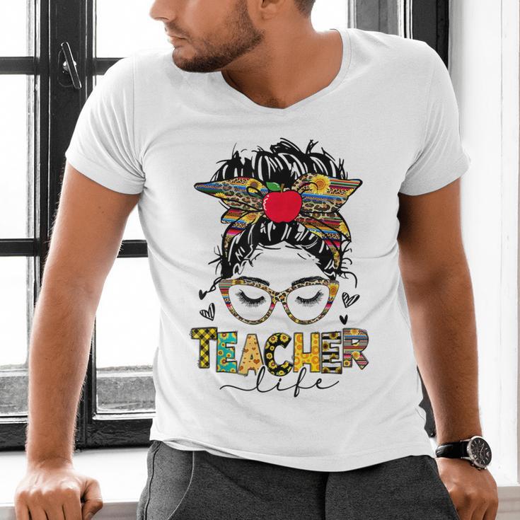 Teacher Life Messy Bun Glasses Leopard Sunflower Men's V-Neck T-Shirt, gift for family, gift for coworker