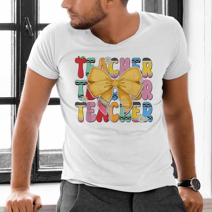 Teacher Pencil Coquette Bow Back To School Teacher Men's V-Neck T-Shirt, gift for family, gift for coworker Teacher Pencil Coquette Bow Back To School Teacher Men's V-Neck T-Shirt, gift for family, gift for coworker