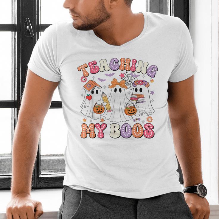 Teaching My Boos Cute Spooky Ghost Teacher Halloween Women Men's V-Neck T-Shirt, gift for family, gift for coworker Teaching My Boos Cute Spooky Ghost Teacher Halloween Women Men's V-Neck T-Shirt, gift for family, gift for coworker