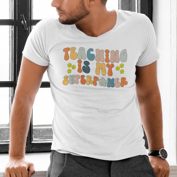 Teaching Is My Superpower Vintage Groovy University Teacher Men's V-Neck T-Shirt, Groovy Teacher Shirts, gift for family, gift for coworker