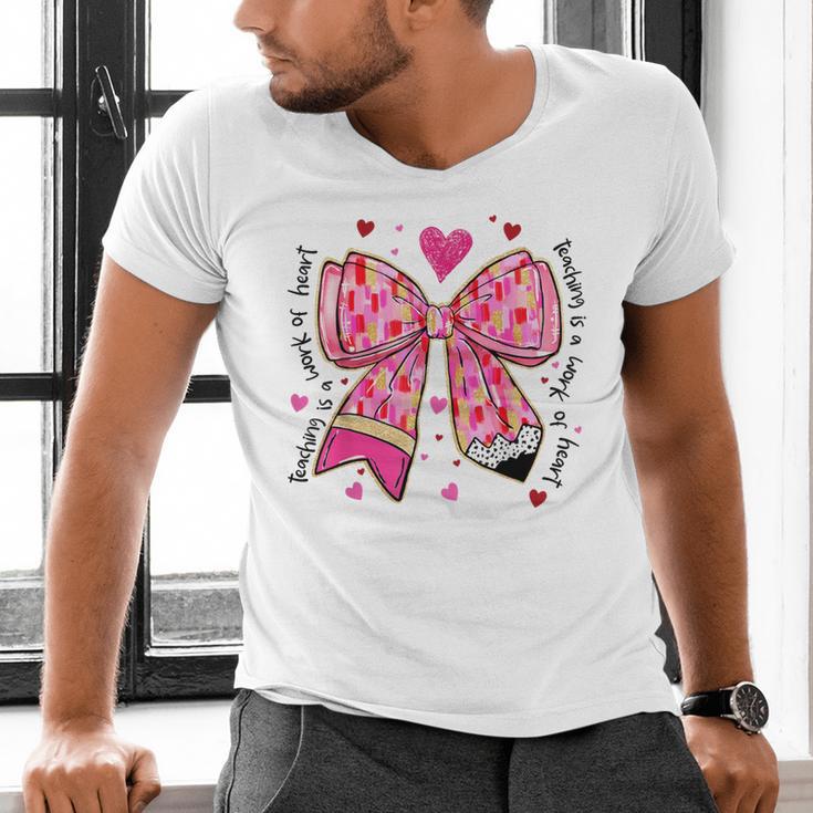 Teaching Is A Work Of Heart Pencil Bow Teacher Valentine Men's V-Neck T-Shirt, gift for family, gift for coworker