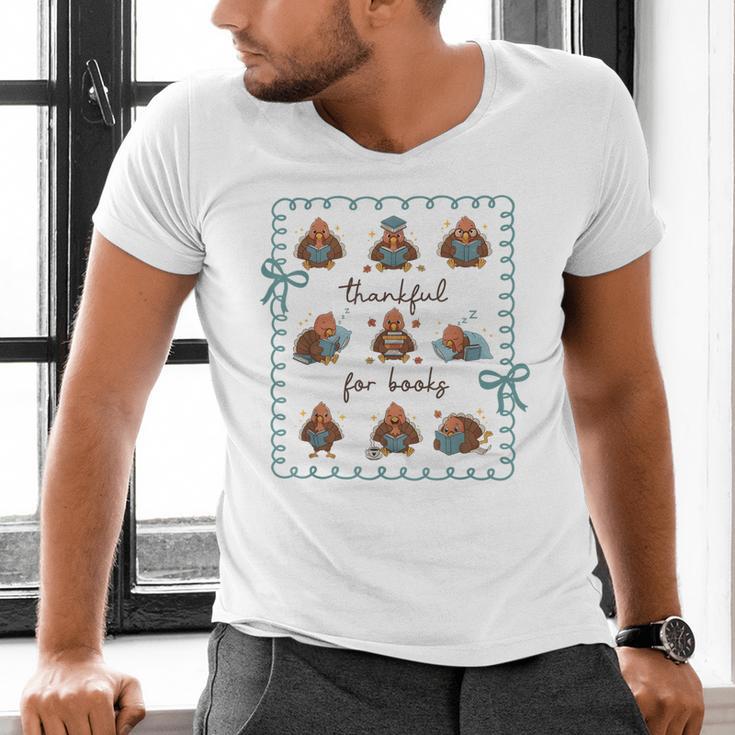 Thankful For Books Turkey Reading Book Lovers Fall Teacher Men's V-Neck T-Shirt, gift for family, gift for coworker