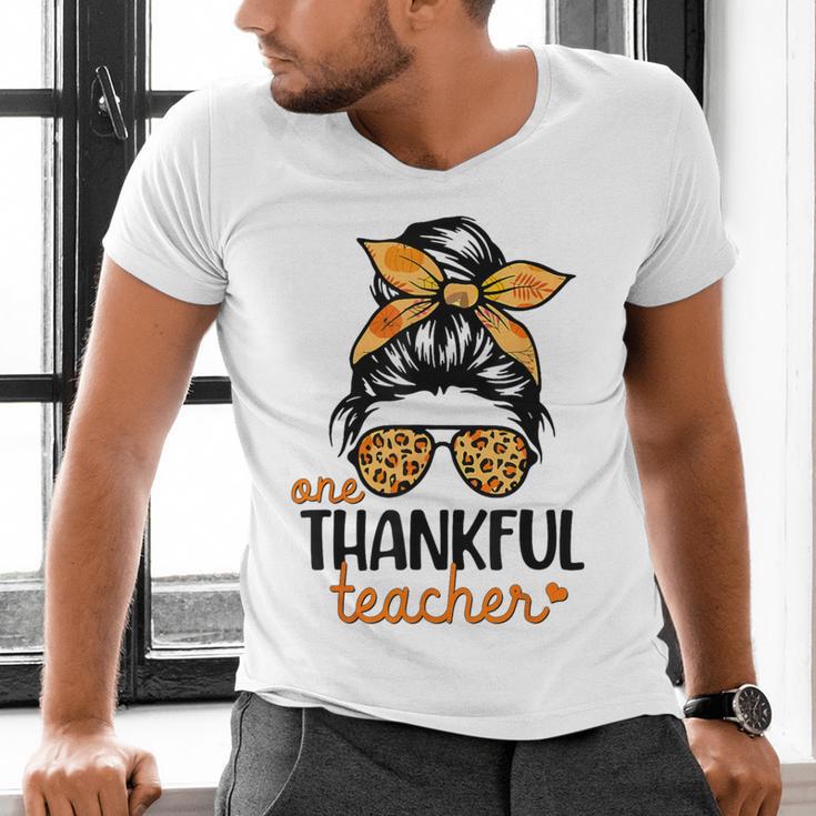 Thanksgiving Shirt Teacher Women Messy Bun Thankful Teacher Men's V-Neck T-Shirt, gift for family, gift for coworker Thanksgiving Shirt Teacher Women Messy Bun Thankful Teacher Men's V-Neck T-Shirt, gift for family, gift for coworker