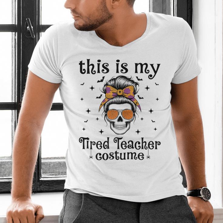 This Is My Tired Teacher Costume Skull Halloween Messy Bun Men's V-Neck T-Shirt, gift for family, gift for coworker This Is My Tired Teacher Costume Skull Halloween Messy Bun Men's V-Neck T-Shirt, gift for family, gift for coworker