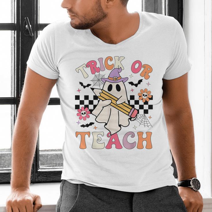 Trick Or Teach Groovy Teacher Halloween Retro Floral Ghost Men's V-Neck T-Shirt, Groovy Teacher Shirts, gift for family, gift for coworker Trick Or Teach Groovy Teacher Halloween Retro Floral Ghost Men's V-Neck T-Shirt, Groovy Teacher Shirts, gift for family, gift for coworker