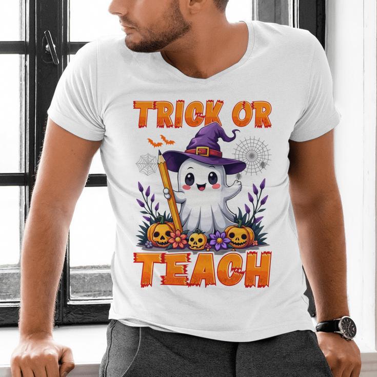 Trick Or Teach Teacher Halloween Ghost Pencil Floral Men's V-Neck T-Shirt, gift for family, gift for coworker Trick Or Teach Teacher Halloween Ghost Pencil Floral Men's V-Neck T-Shirt, gift for family, gift for coworker