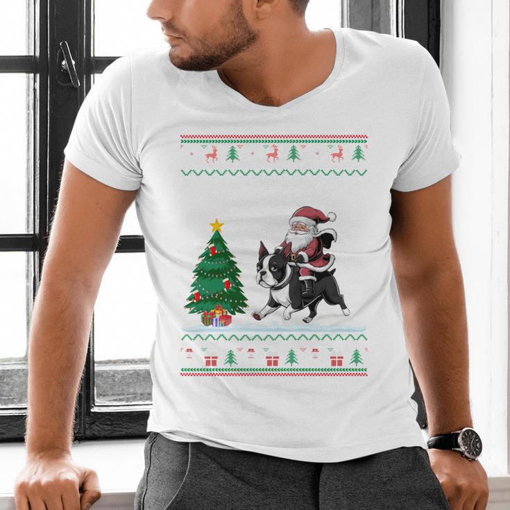 Ugly Christmas Tree Lights Xmas Santa Riding Boston Terrier Men's V-Neck T-Shirt, Boston Terrier Christmas Shirts, Boston Terrier Riding Shirts, gift for family, gift for coworker
