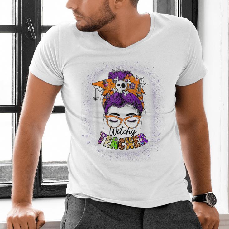 Witchy Teacher Halloween Messy Bun Teacher Bleached Men's V-Neck T-Shirt, gift for family, gift for coworker Witchy Teacher Halloween Messy Bun Teacher Bleached Men's V-Neck T-Shirt, gift for family, gift for coworker
