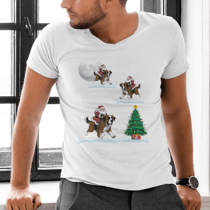 Xmas Lighting Tree Santa Riding Boston Terrier Christmas Men's V-Neck T-Shirt, Boston Terrier Christmas Shirts, Boston Terrier Riding Shirts, gift for family, gift for coworker