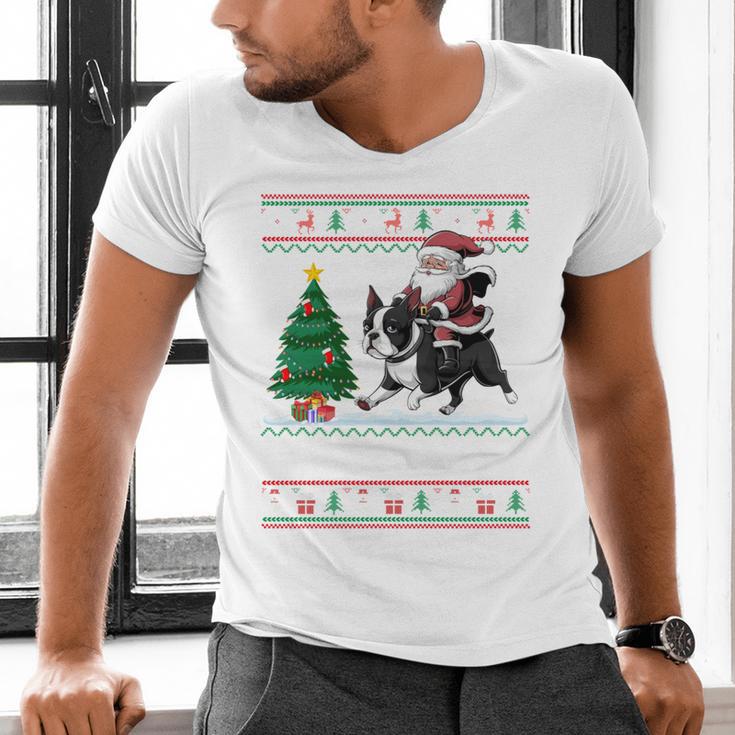 Xmas Tree Lighting Santa Riding Boston Terrier Christmas Men's V-Neck T-Shirt, Boston Terrier Christmas Shirts, Boston Terrier Riding Shirts, gift for family, gift for coworker