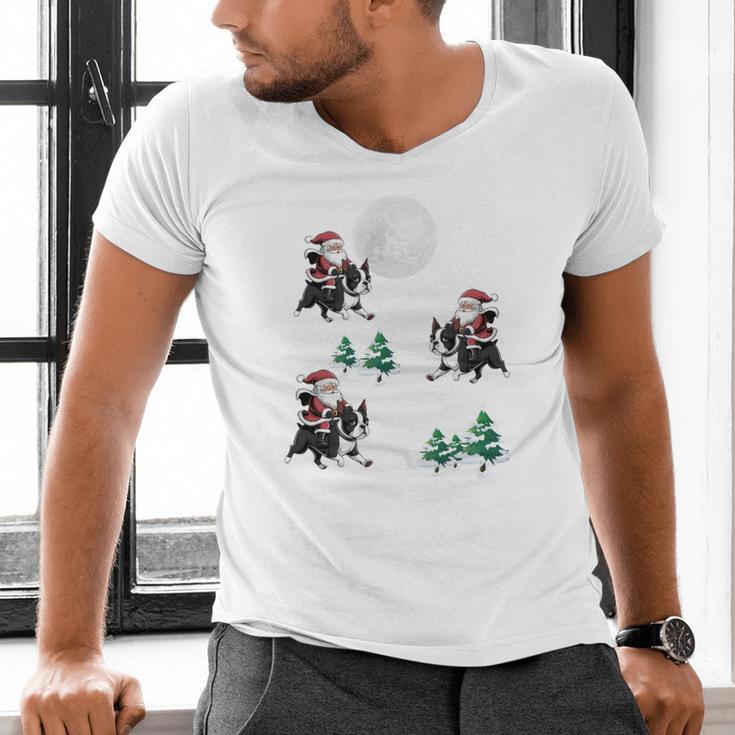 Xmas Tree Santa Riding Boston Terrier Christmas Men's V-Neck T-Shirt, Boston Terrier Christmas Shirts, Boston Terrier Riding Shirts, gift for family, gift for coworker