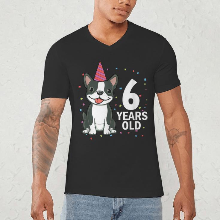6 Years Old Birthday Boston Terrier Dog Lover 6th Party Kid Men's V-Neck T-Shirt, novelty gifts, funny gifts
