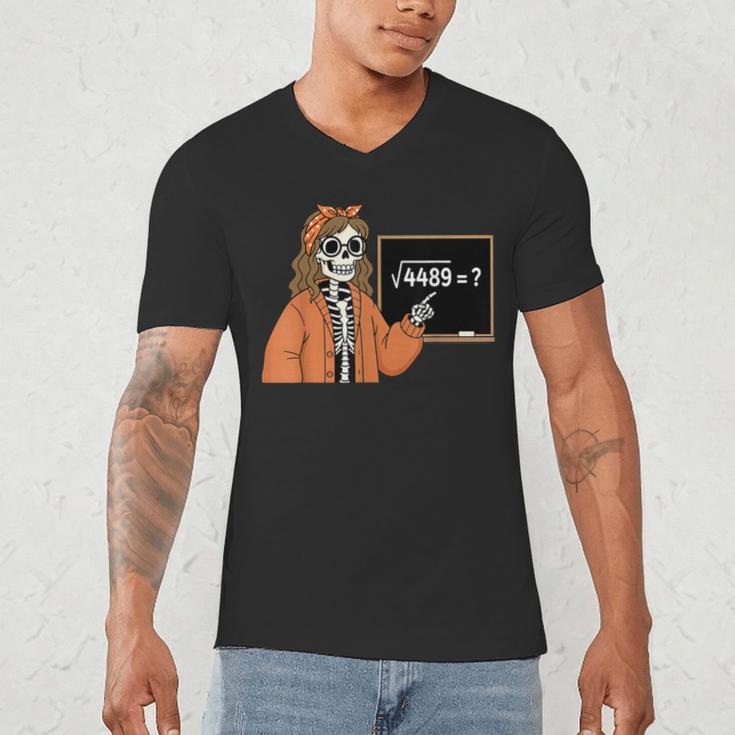 67 Math Teacher Skeleton Halloween Root 4489 Messy Bun Women Men's V-Neck T-Shirt, novelty gifts, funny gifts