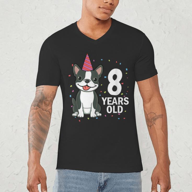 8 Years Old Birthday Boston Terrier Dog Lover 8th Party Kid Men's V-Neck T-Shirt, novelty gifts, funny gifts