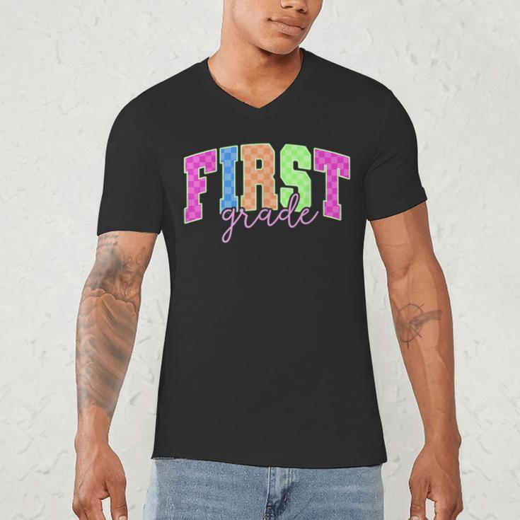 Back To School Neon Checkered First Grade Colorful Teacher Men's V-Neck T-Shirt, novelty gifts, funny gifts Back To School Neon Checkered First Grade Colorful Teacher Men's V-Neck T-Shirt, novelty gifts, funny gifts
