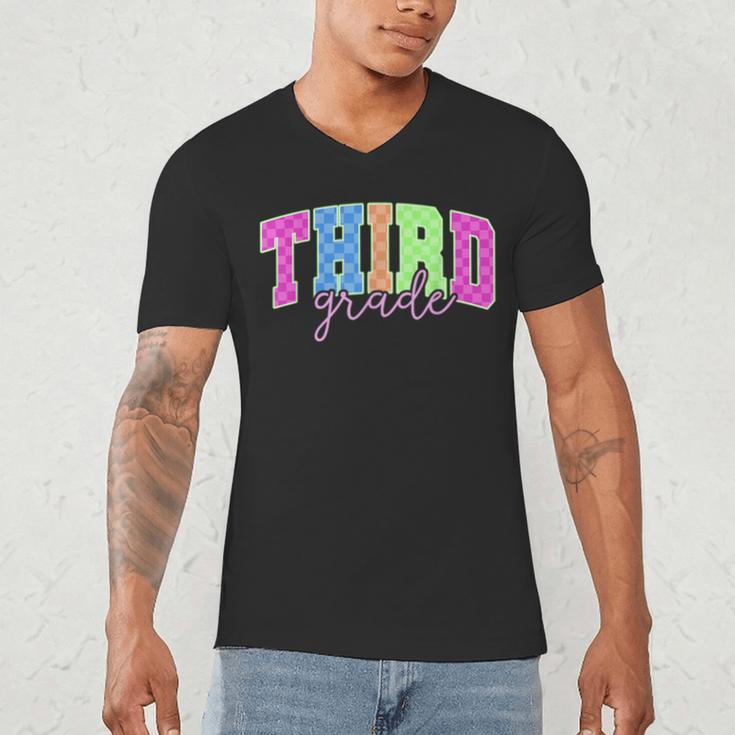 Back To School Neon Checkered Third Grade Colorful Teacher Men's V-Neck T-Shirt, novelty gifts, funny gifts