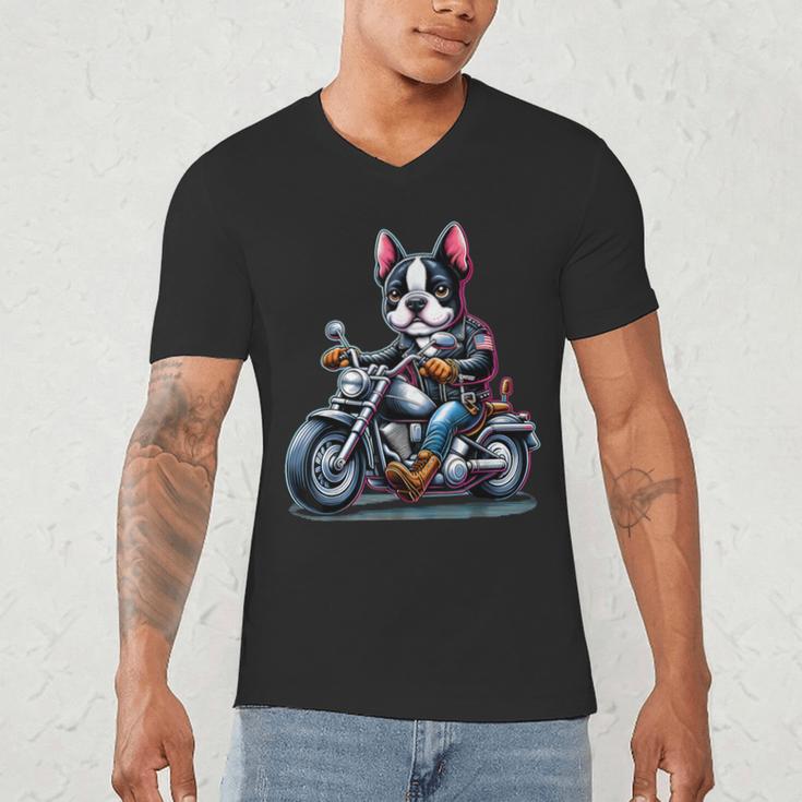 Biker Boston Terrier Dog Riding Motorbike Men's V-Neck T-Shirt, novelty gifts, funny gifts
