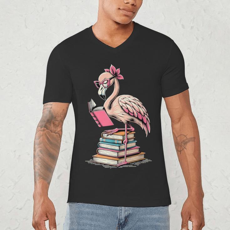 Book Lover Cute Flamingo Reading Teacher Librarian Women Men's V-Neck T-Shirt, novelty gifts, funny gifts