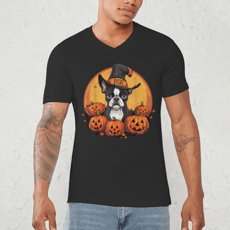 Boston Terrier Bostie Dog Breed Pet Halloween Pumpkins Men's V-Neck T-Shirt, novelty gifts, funny gifts